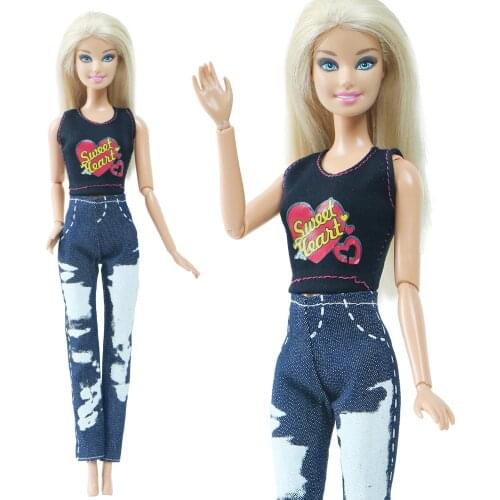 BJDBUS Fashion Outfits Black Vest Denim Trousers Pants Cool Daily Summer Clothing Clothes for Barbie Doll Girl Birthday Gift