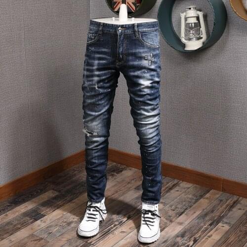 Italian Style Fashion Men Jeans Retro Dark Blue High Quality Slim Fit Ripped Jeans For Men Brand Designer Vintage Denim Pants