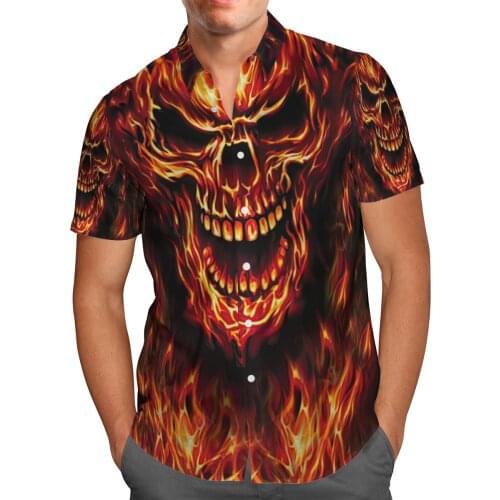 Fire Skull Print Short Sleeve Shirts For Men Loose Cardigan Button Shirts Plus Size Hawaiian Style Summer 2021 Ventilated Shirt