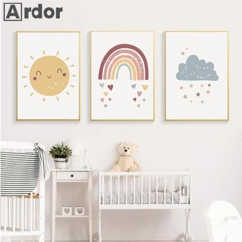Nordic Baby Sun Rainbow Cloud Wall Art Poster Heart Star Canvas Painting Nursery Art Prints Modern Pictures Kids Baby Room Decor