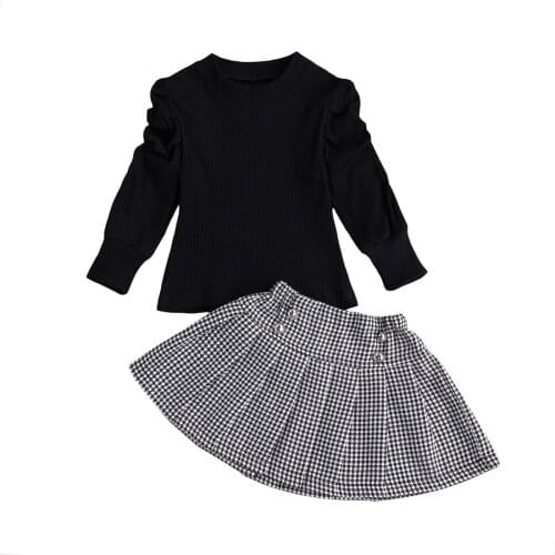 New Baby Girl Clothing Puff Long Sleeve Black Solid Knitted Sweater+Plaid Button A-line Skirt Spring 2pcs Set