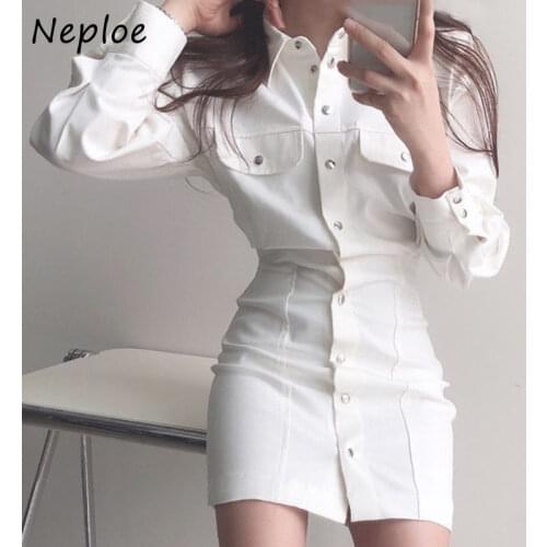 Neploe Turn Down Collar Long Sleeve Single Breast Dress Women High Waist Hip Bodycon Vestidos Spring 2021 New Robe All Match