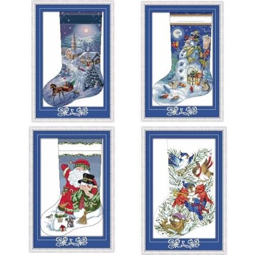 Christmas Stocking-Christmas Eve Santa Claus Snowman Carols Decor Paintings Counted Printed On Canvas DMC 14CT 11CT Cross Stitch