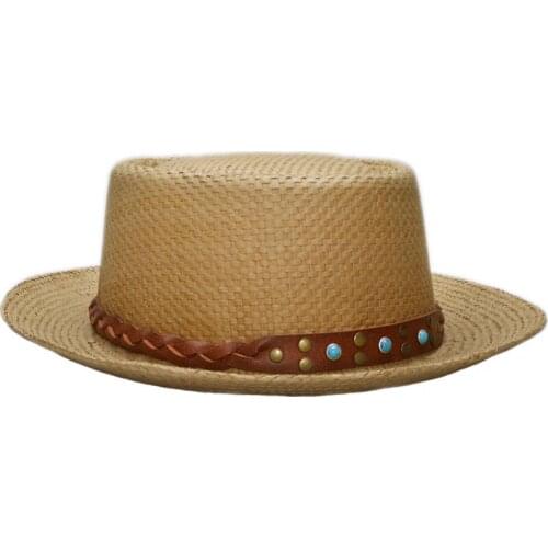 Big Size Women Men Summer Fashion Raffia Straw Pork Pie Pork-pie Sun Hat Beach Travel Boater Cap Turquoise Leather Band 57-60cm