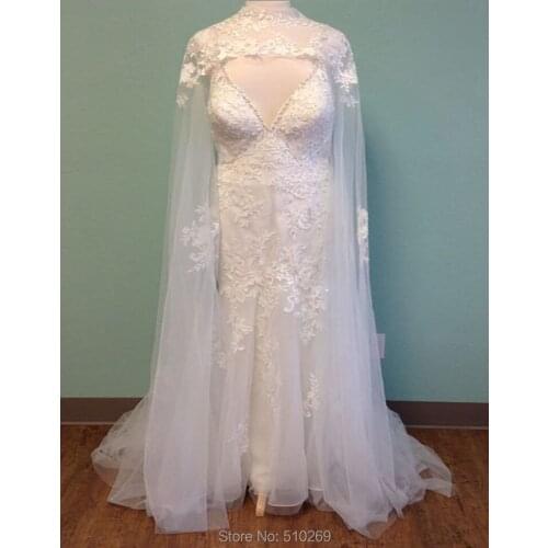 Fit and Flare Wedding Gown Lace Beading V Neckline V Back Detachable Cape Spaghetti Straps Bridal Gown Robe De Mariage Custom Ma