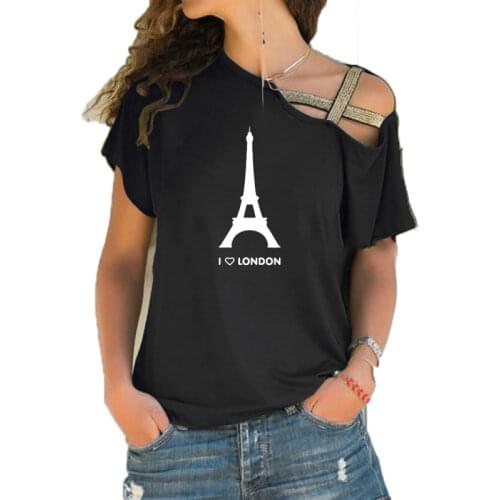 Summer I Love London T Shirt Women Short Sleeve Funny Eiffel Tower Romantic Girls T-shirt Irregular Skew Cross Bandage Tee Tops