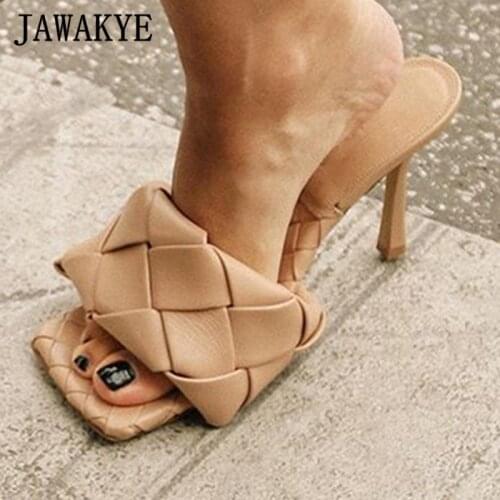 Runway Genuine Leather High Heels for Women Square Toe Braid Rhombus Party Shoes Nude Slippers Sexy Gladiator Sandals Women