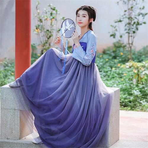 Hanfu Womens Modern Improved Chinese Style Dress Gradient Embroidery Fresh Chiffon Mesh Patchwork Dresses Long Vestidos zh319