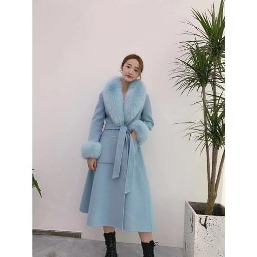 Women Winter Handmade Double Side 100% Woolen Cashmere Real Fox Fur Collar Long Thick Wool Coat