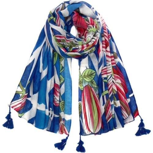 2021 Women Fashion Floral Geo Printed Pattern Cotton Tassel Scarf Shawls Wraps Hijabs 10pcs/lot