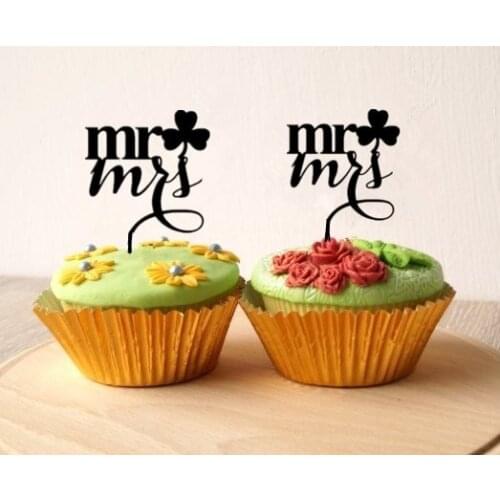 24pcs/lot Letters "mr mrs" Shaped Cupcake topper black acrylic Wedding cake topper Supplies for Wedding / Birthday Party