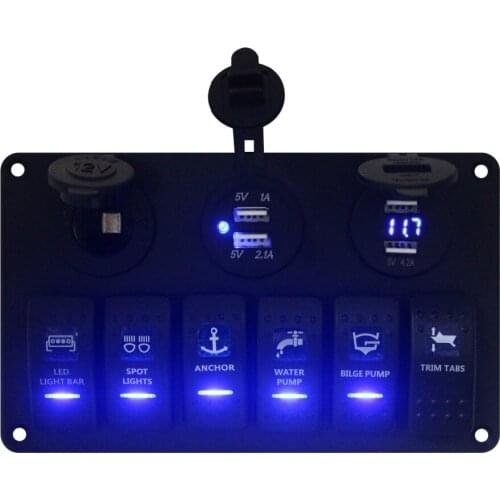 Aluminum 24V Marine Grade Blue Led 6 Gang Laser Etched Rocker Switch Panel + 12V Ciggy Socket + 4 USB Charger ports + Volt gauge