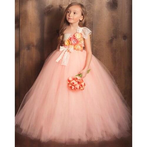 Elegant Girls Flower Tutu Dress Kids Crochet Tulle Strap Dresses Ball Gown with Lace Bow Children Wedding Party Costume Dress