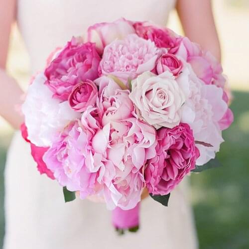 Iffo New Handmade Peony Artificial bride Bouquet Pink & hot Pink Peony Holding flowers Bridesmaids Pink Peony Bouquet bridal