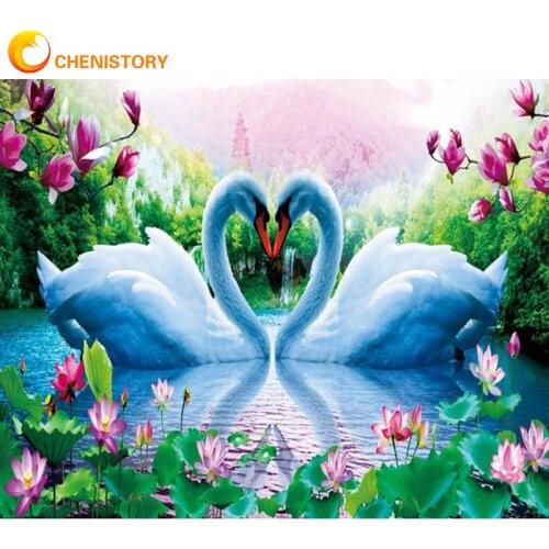 CHENISTORY Diy Framed Painting By Numbers Kits For Adults Swan In River Oil Paints Home Room Wall Artcraft HandPainted Diy Gift