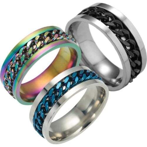 Fashion Titanium Stainless Steel 5 Color Rotating Chain Ring Punk Style Personality Mens Ring Jewelry Charm Party Gift