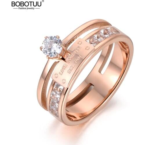BOBOTUU Trendy AAA CZ Crystal Setting Rose Gold Color Wedding Rings Jewelry Stainless Steel Rhinestone Engagement Ring BR18049