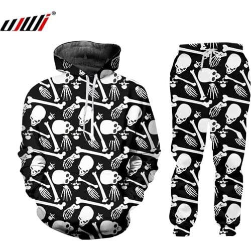 UJWI Autumn 2020 Men 3D Skull Sets Print Hooded Sweatshirt Pants 2 Pieces Sets Tracksuit Men Clothes Casual Fitness Sport Suit