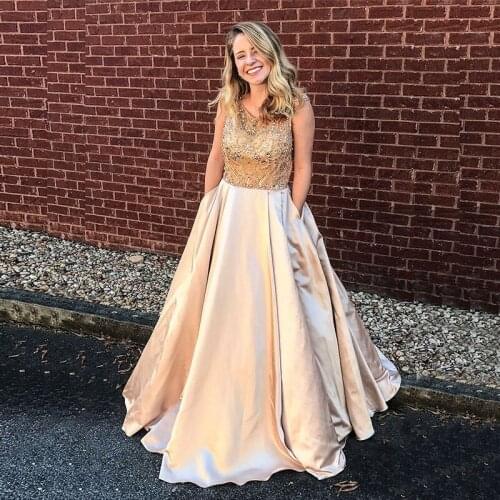 New Classic Gold Sleeveless Prom Party Dresses Long 2021 V Neckline Beading Bodice A Line Wedding Party Gowns Luxury with Pocket