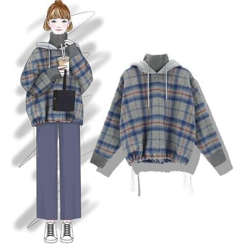 2020 Autumn And Winter College Fake Two-piece Ladies Hoodie High Collar Plaid Plus Velvet Thickening Mid-length Women Pullover