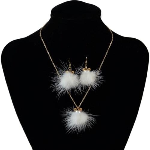 Plush Artificial Ball Beads Charms pandant Necklace For Women Pompom Beads Drop Earring Necklace Fashion Jewelry set
