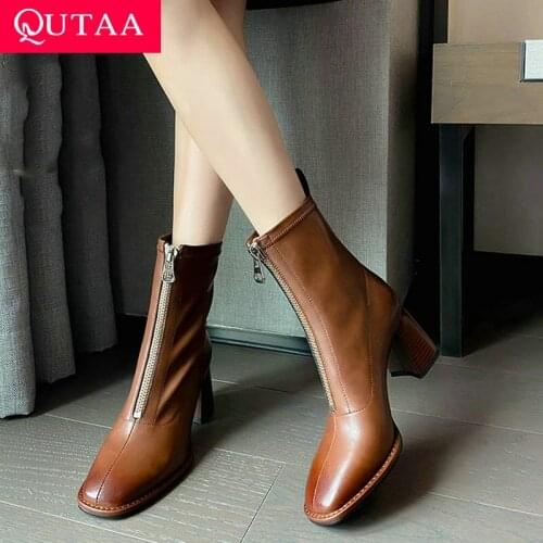 QUTAA 2022 Cow Leather Ankle Boots Square High Heel Zipper Short Boots Autumn Winter Genuine Leather Women Shoes Size 34-42