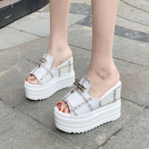 Platform Slides Women Designer Super High Heels Flip Flops Women Fashion Checkerboard Wedge Heels Sandals Summer Slippers 2021