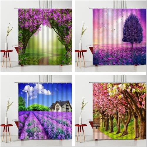Purple Flower Shower Curtain Lavender Romantic Cherry Blossom Tree Washable Fabric Bathroom Decor With Hook Bath Cloth Curtains