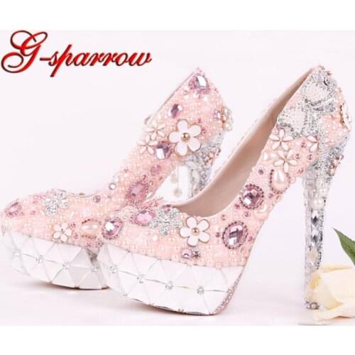 Rhinestone Pink Flower Bridal Dress Shoes Gorgeous Crystal Heel Platforms Wedding Ceremony Party Shoes Luxury Prom Pumps