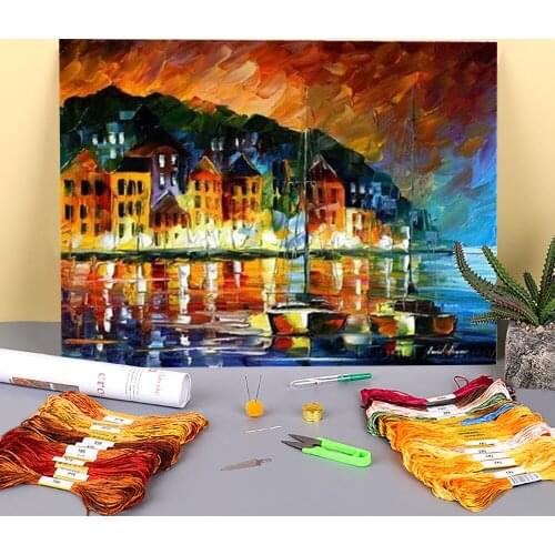 Night Harbor Printed Fabric 11CT Cross Stitch Patterns DIY Embroidery DMC Threads Needlework Knitting Painting Hobby Stamped