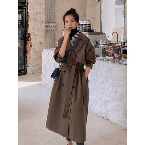 Womens Big Notch Lapel Double Breasted Mid-Long trench overcoat plus size female outerwear ST156