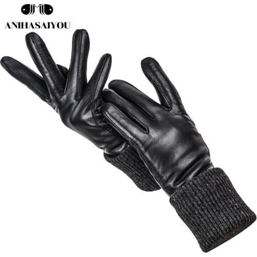 High-grade knitted wool Genuine Leather womens gloves Black sheepskin womens leather gloves Keep warm womens winter gloves
