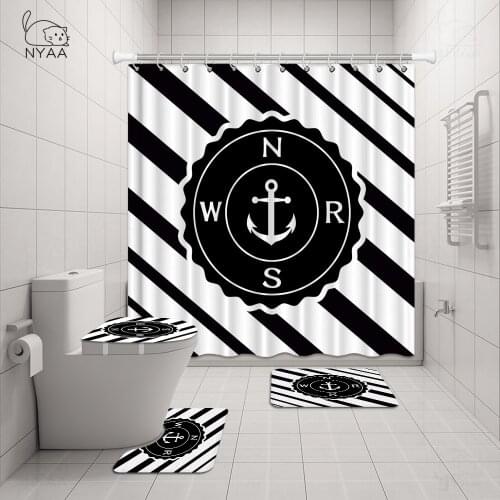 Nautical Anchor Printed Polyester Fabric Shower Curtain Non-Slip Bath Mat Toilet Lid Cover Rugs Home Bathroom Decor Set