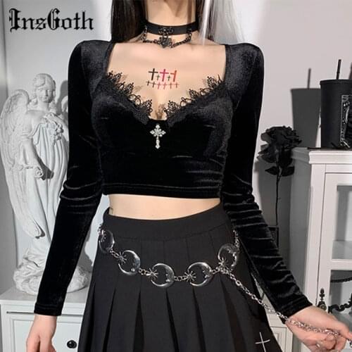 InsGoth Goth Black Tops Sexy V Neck Cross Pendant Y2K Vintage Velvet T Shirt Harajuku Women Autumn Long Sleeve Basic Tops Chic