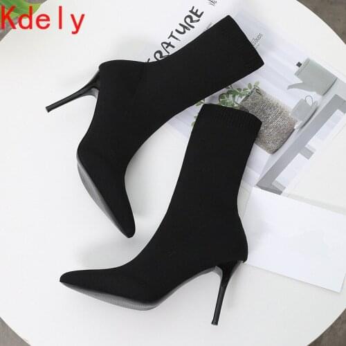 2020 Winter Fashion Women Boots Beige Pointed Toe Elastic Ankle Boots Heels Shoes Autumn Winter Female Socks Boots