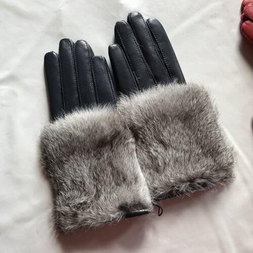 Womens autumn winter thicken warm rabbit fur genuine leather glove female natural leather slim riding driving glove R1257