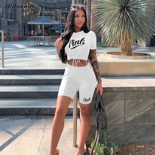 Two Piece Set Women Pink Outfit 2021 Summer Tracksuit Clothing Letter Print Matching sets Casual 2 Piece Biker Shorts Sets