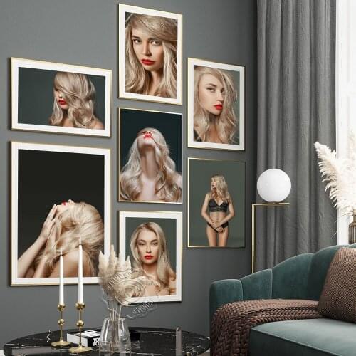 Golden Long Hair Big Red Lip Beauty Poster, Big Eye Gril Facial Close Up Art Prints, Grace Sexy Figure Side Face Home Wall Decor