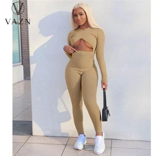 VAZN 2021 Autumn Open Hollow Out Solid Sexy Club Energy Full Sleeve Skinny Women High Waist Pencil Jumpsuits