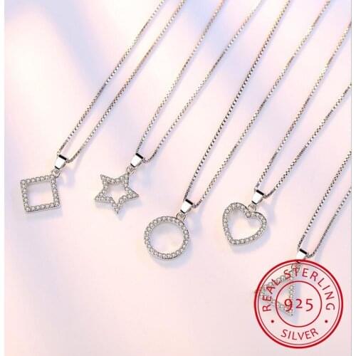5 Modle 925 Sterling Silver Crystal Zircon Star Heart Circle Square Pendant Necklace For Women Match 45cm Chain choker kolye/FDA