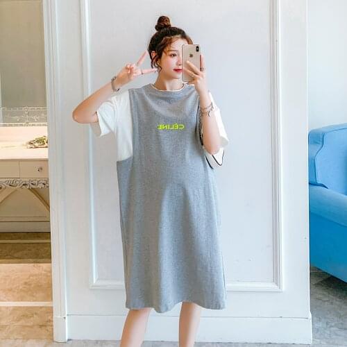 55439# Maternity Clothes Summer Cotton Short Sleeves Loose One Piece Layer Look Dress Pregnant Women Pregnancy Clothes