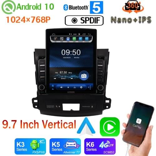 9.7" Vertical Tesla Android 10 Car Media Radio GPS PX6 4+64G For Mitsubishi Outlander XL Peugeot 4007 Citroen C-Cross 2005-2011