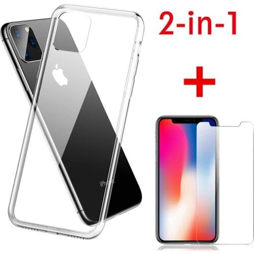 2 in 1 For iPhone 11 Case Slim Clear Soft TPU Cover Front Tempered Glass for iPhone 11 Pro Max Protective Glass Screen Protector