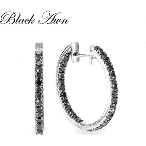 Black Awn New Classic 925 Sterling Silver Round Black Trendy Spinel Engagement Hoop Earrings for Women Fine Jewelry I181
