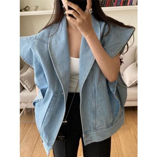 Colorfaith New 2021 Spring Autumn Womens Denim Jeans Jackets Sleeveless Waistcoat Pockets Streetwear Oversized Tops JKV8973