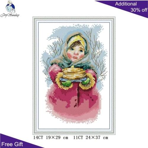 Joy Sunday Girl Holding Food RA339 14CT 11CT Counted and Stamped Home Decor Cartoon Girl Embroidery DIY Cross Stitch kits