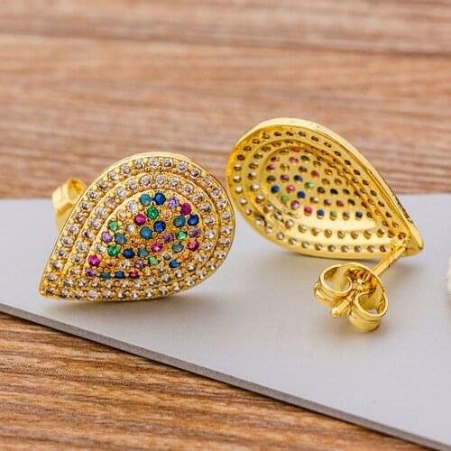 Indian Fashion Jewelry Micro Pave Multicolor Cubic Zirconia Water Drop Stud Earrings Gold Color Copper Studs For Women Girls