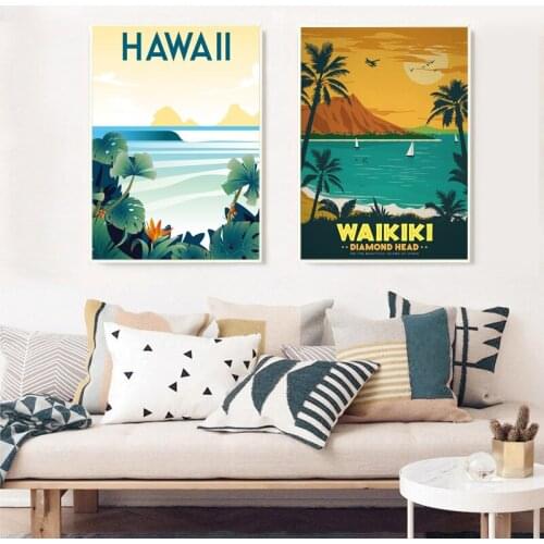 Summer Surfing at Waikiki Hawaii Travel Canvas Painting Prints Vintage Poster Coastal Wall Art Pictures Home Decor Gifts Idea