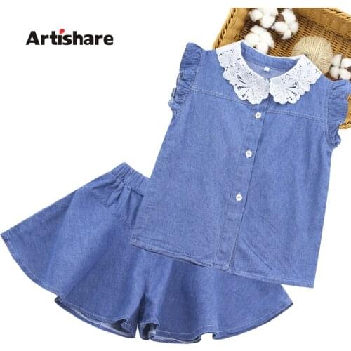 Teen Girls Summer Clothing Denim Vest + Short Girl Clothes Patchwork Girl Set Lace Floral Childrens Clothes Girl
