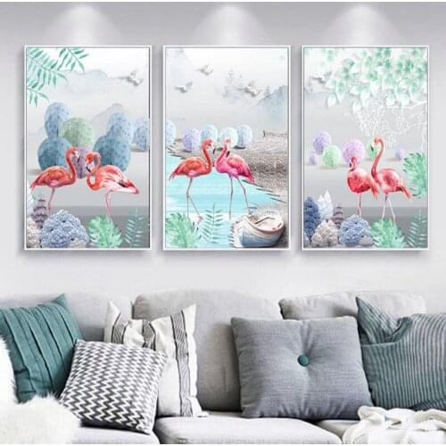 3pcs set Diamond Painting Flamingo triptych landscape,Full Square Round Diamond Embroidery Needlework,Diamond Mosaic kit